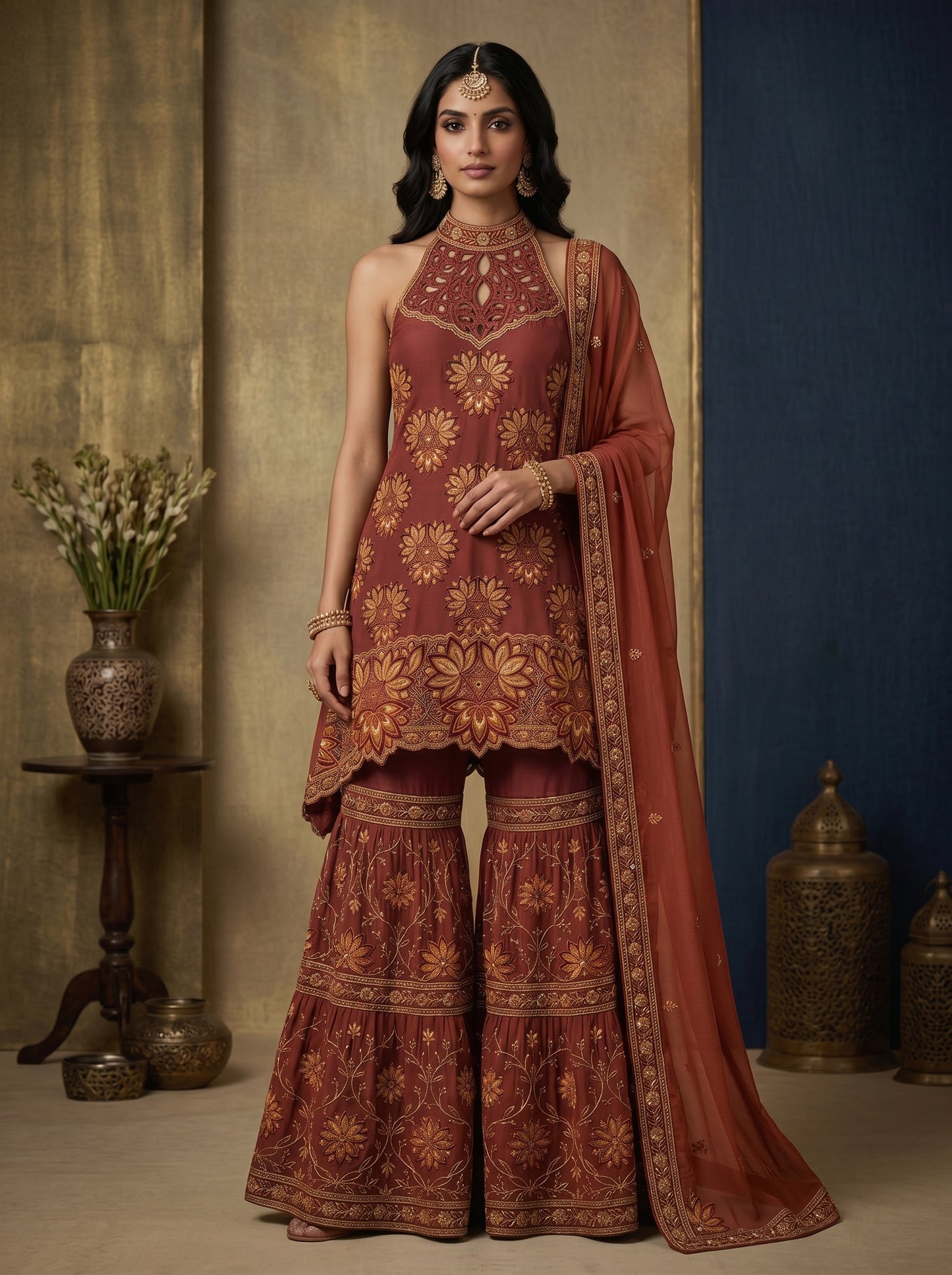 Terracotta Rust Embroidered Georgette | Couture Sharara Set