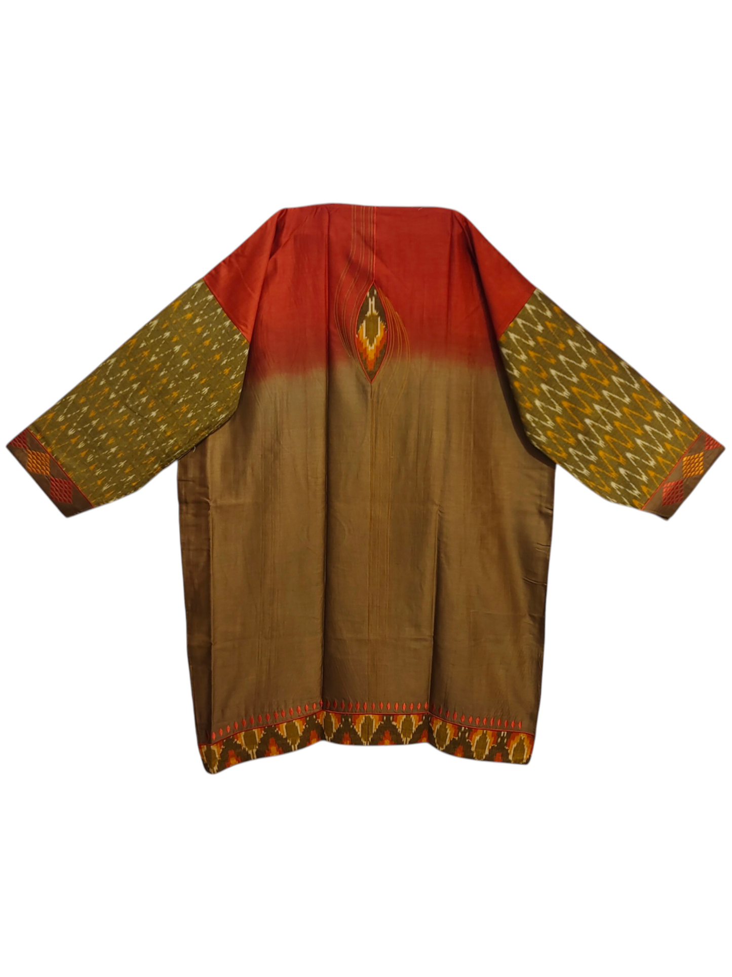 Traditional garment with red and brown kurta and patterned sleeves on a white background