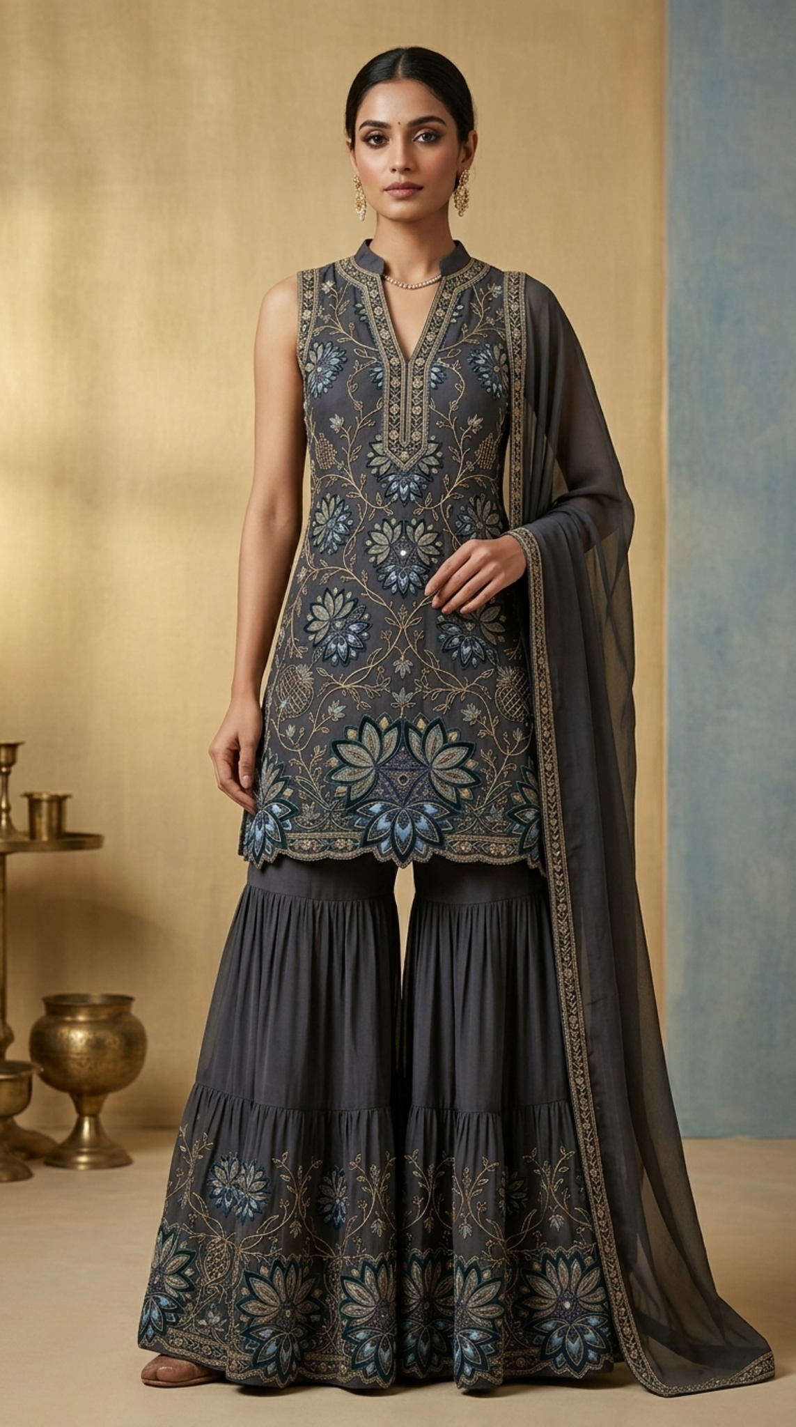 Midnight Blue Embroidered Georgette | Couture Sharara Set