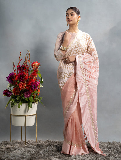 Formal Katabh Applique Organza Check Silk Saree