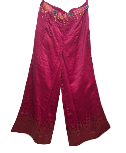 Pink  plazzo pant with floral embellishments on a white background