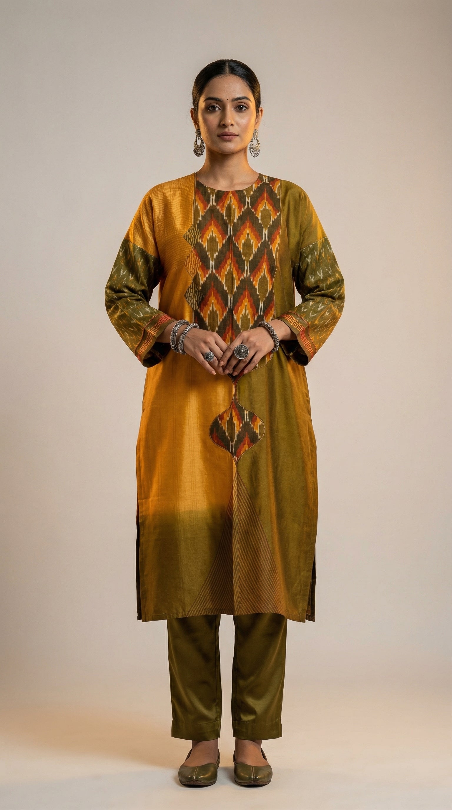 Woman wearing a traditional kurta with a green pants on a plain background