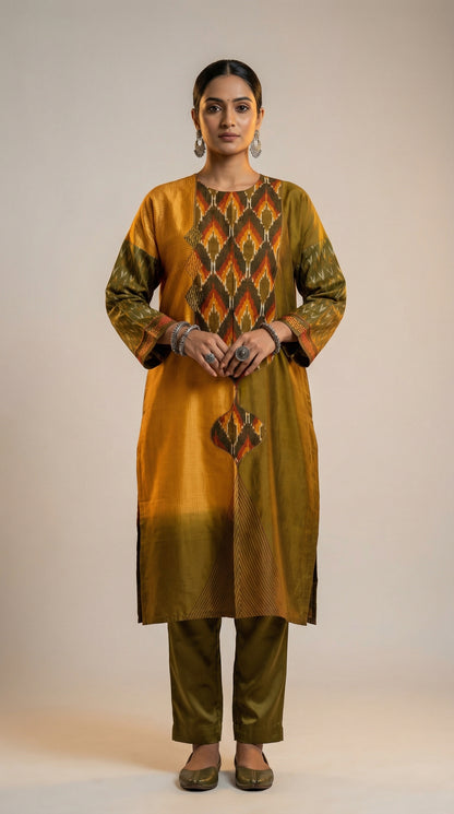 Woman wearing a traditional kurta with a green pants on a plain background