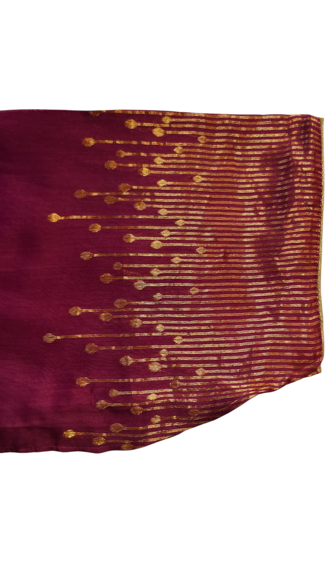 Maroon fabric with gold embroidery on a white background