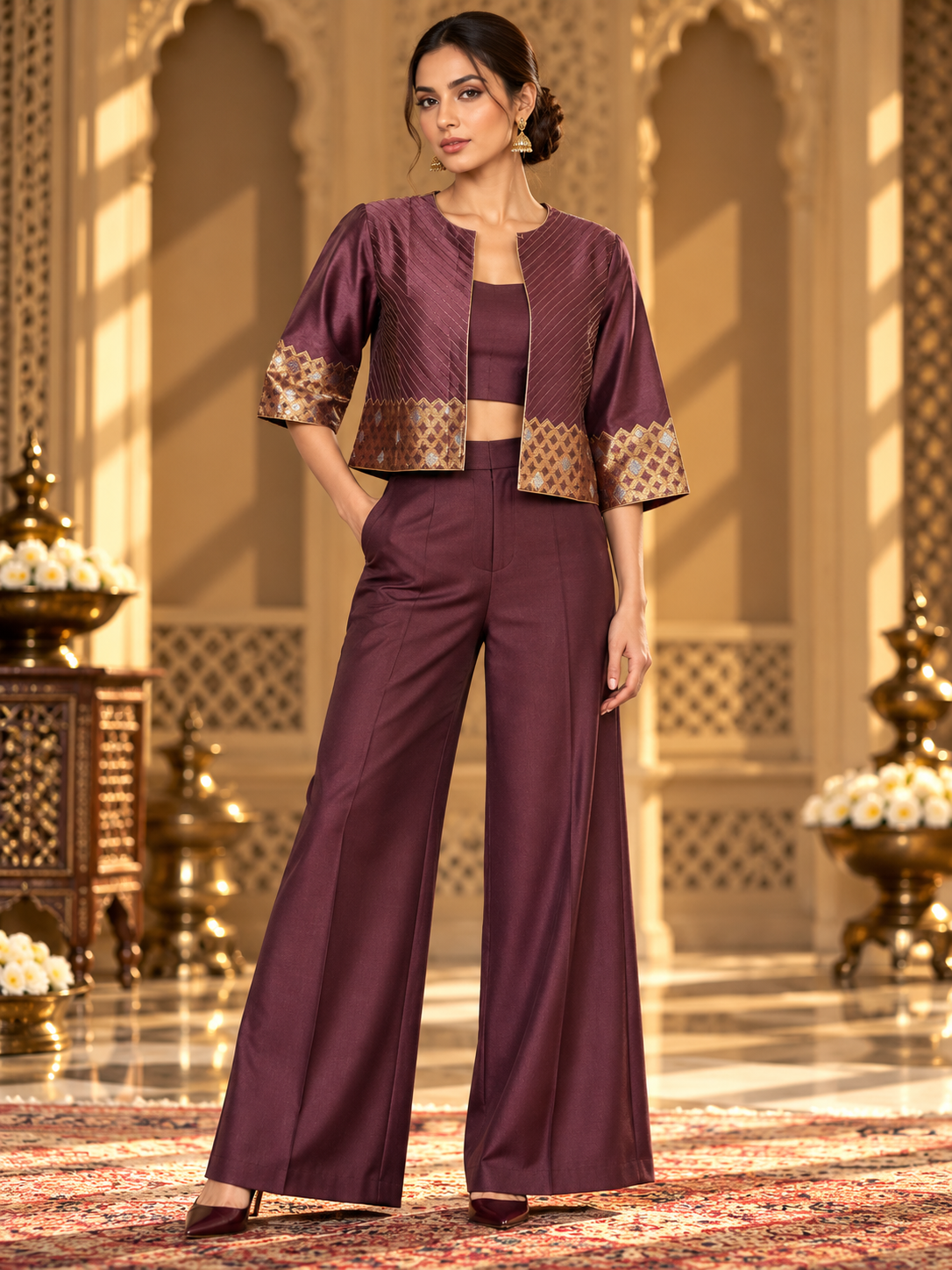 Formal Meher Fuchsia Gold Chanderi Midlength Jacket