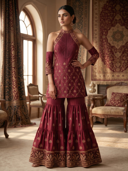 Emerald Verdant Embroidered Georgette  | Couture Sharara Set