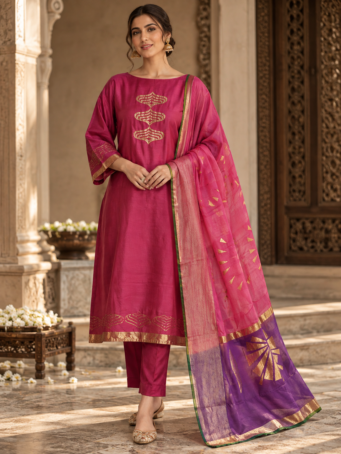 Semi Stitched Chanderi Formal Suitset