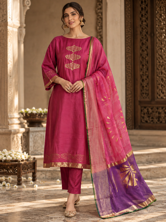 Semi Stitched Chanderi Formal Suitset