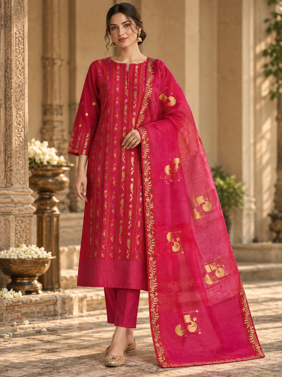 Semi Stitched Chanderi Formal Suitset