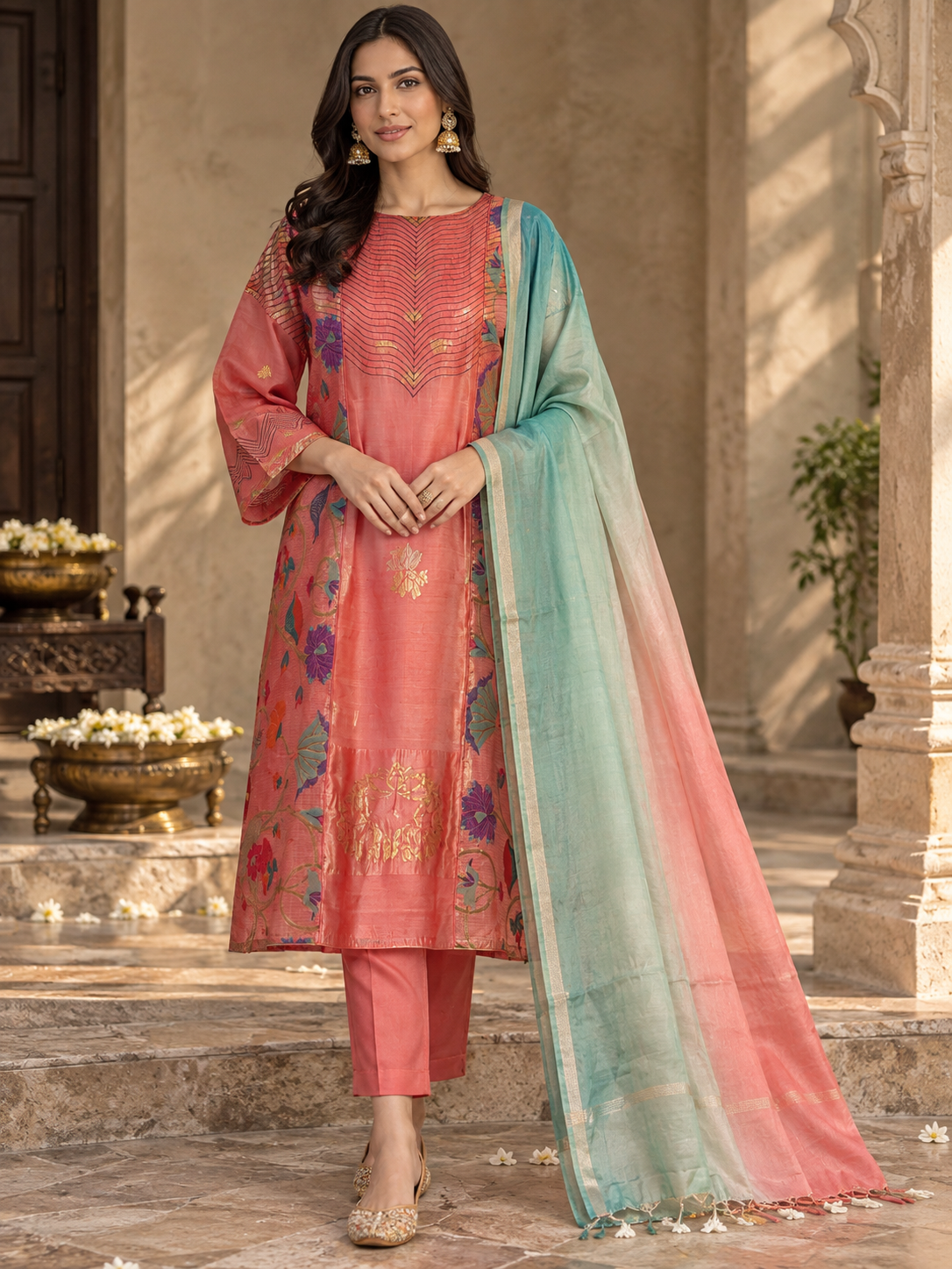 Semi Stitched Chanderi Formal Suitset