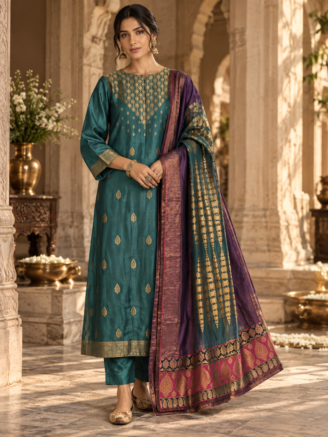 Semi Stitched Chanderi Formal Suitset