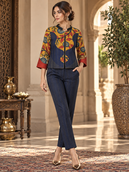 Formal Kairo Indigo Kalamkari Chanderi Short Jacket
