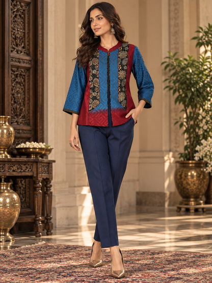 Formal Vira Cobalt Maroon Ajrakh Chanderi Midlength Jacket