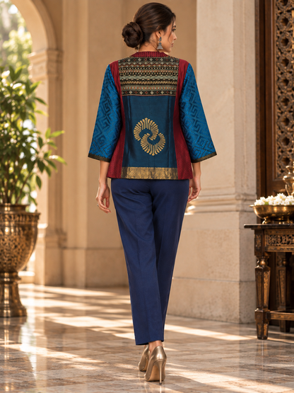 Formal Vira Cobalt Maroon Ajrakh Chanderi Midlength Jacket