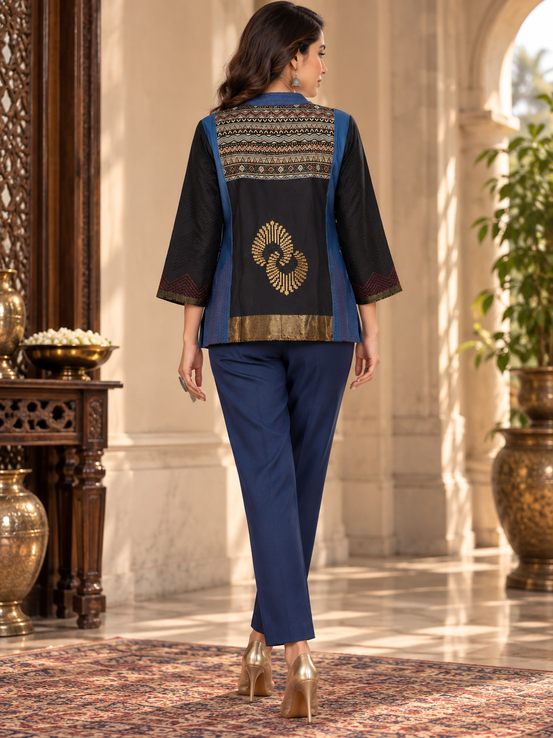 Formal Aaroh Indigo Black Ajrakh Chanderi Midlength Jacket