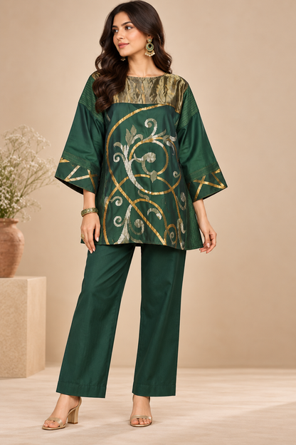 SemiStitched zariwoven Green chanderi Tunic