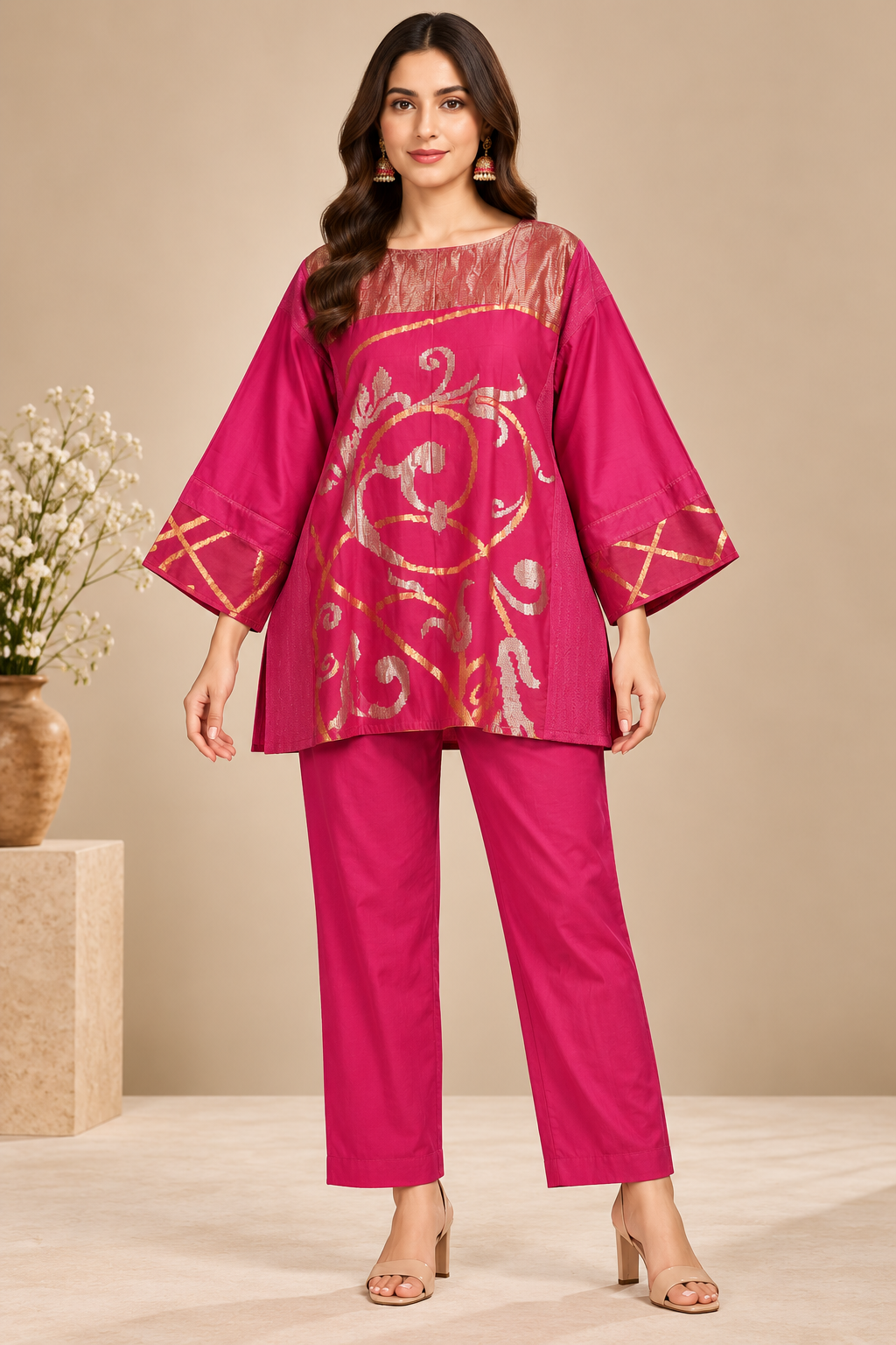 SemiStitched zariwoven Pink chanderi Tunic
