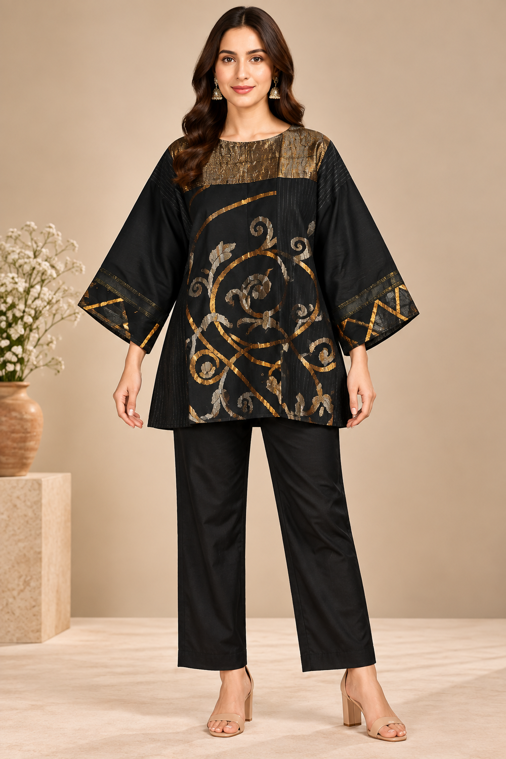 SemiStitched zariwoven Black chanderi Tunic