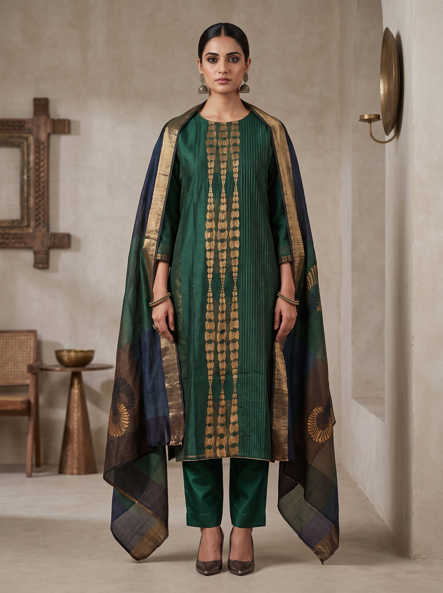 Semi Stitched Chanderi Formal Suitset