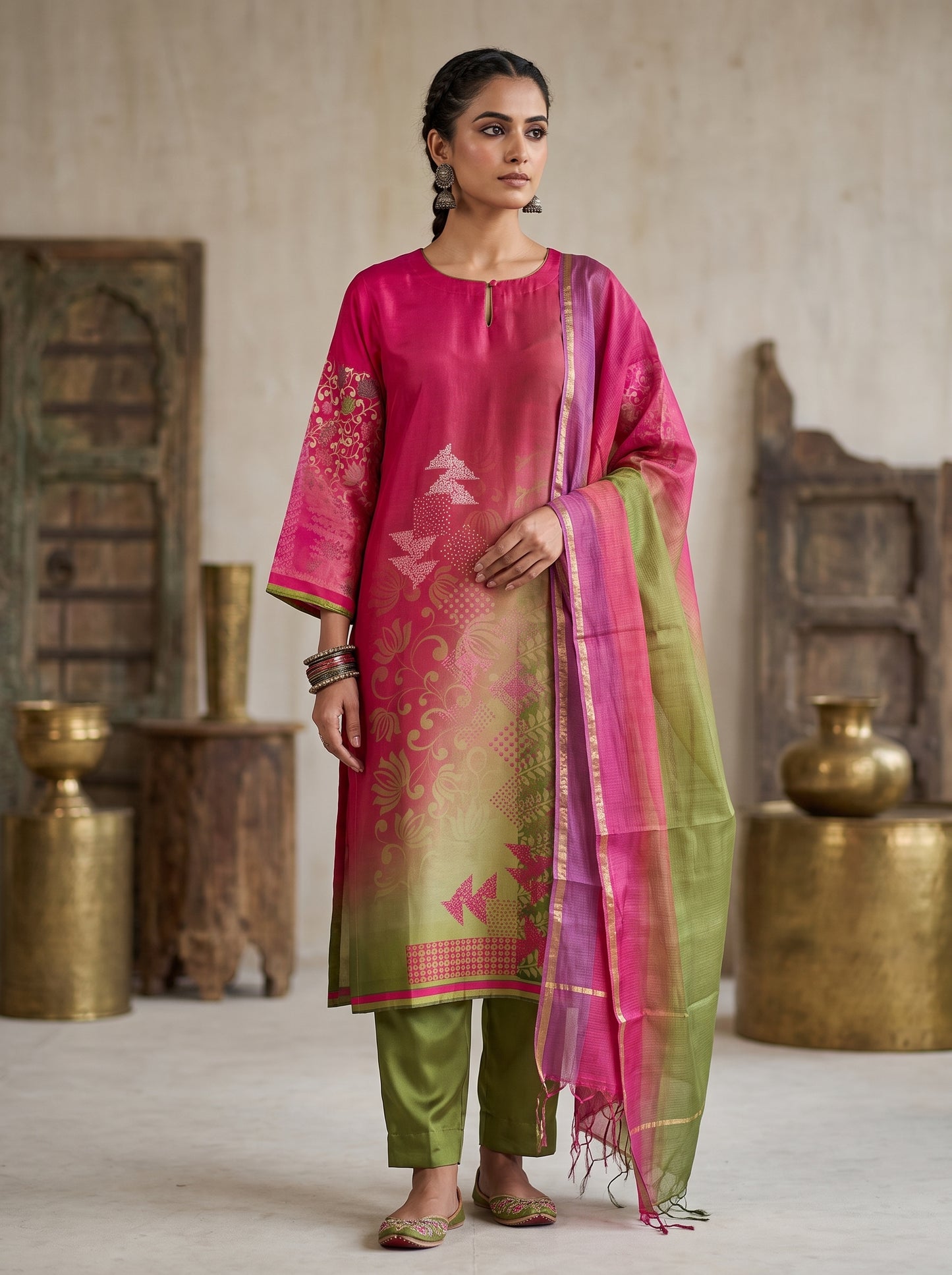 Semi Stitched Chanderi Casual Suitset
