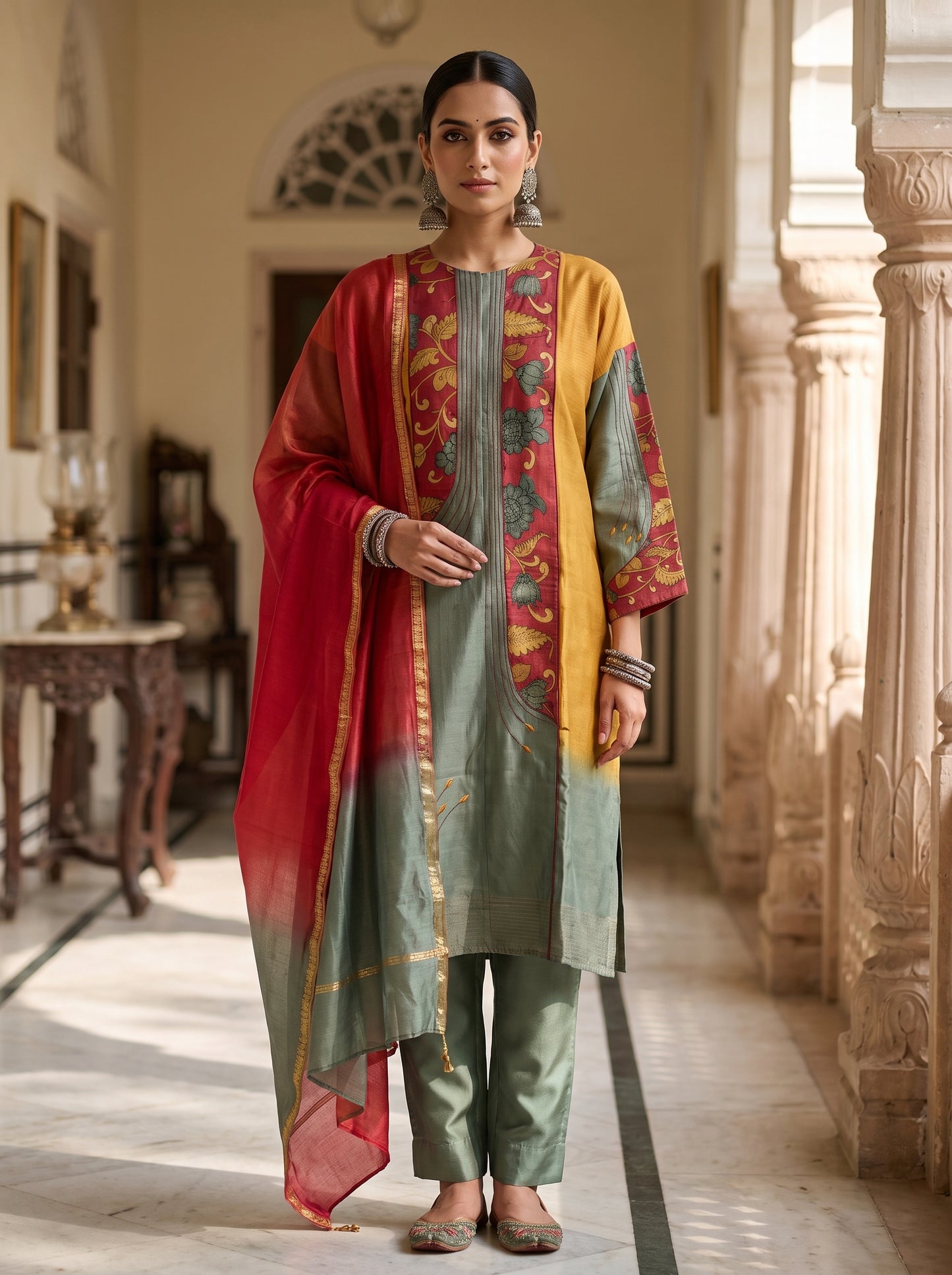 Semi Stitched Chanderi Formal Suitset