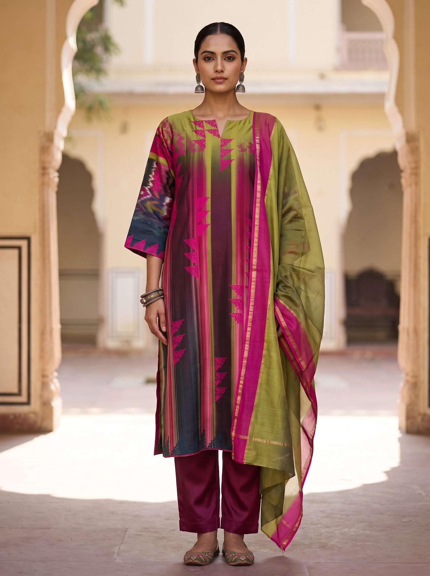 Semi Stitched Chanderi Casual Suitset