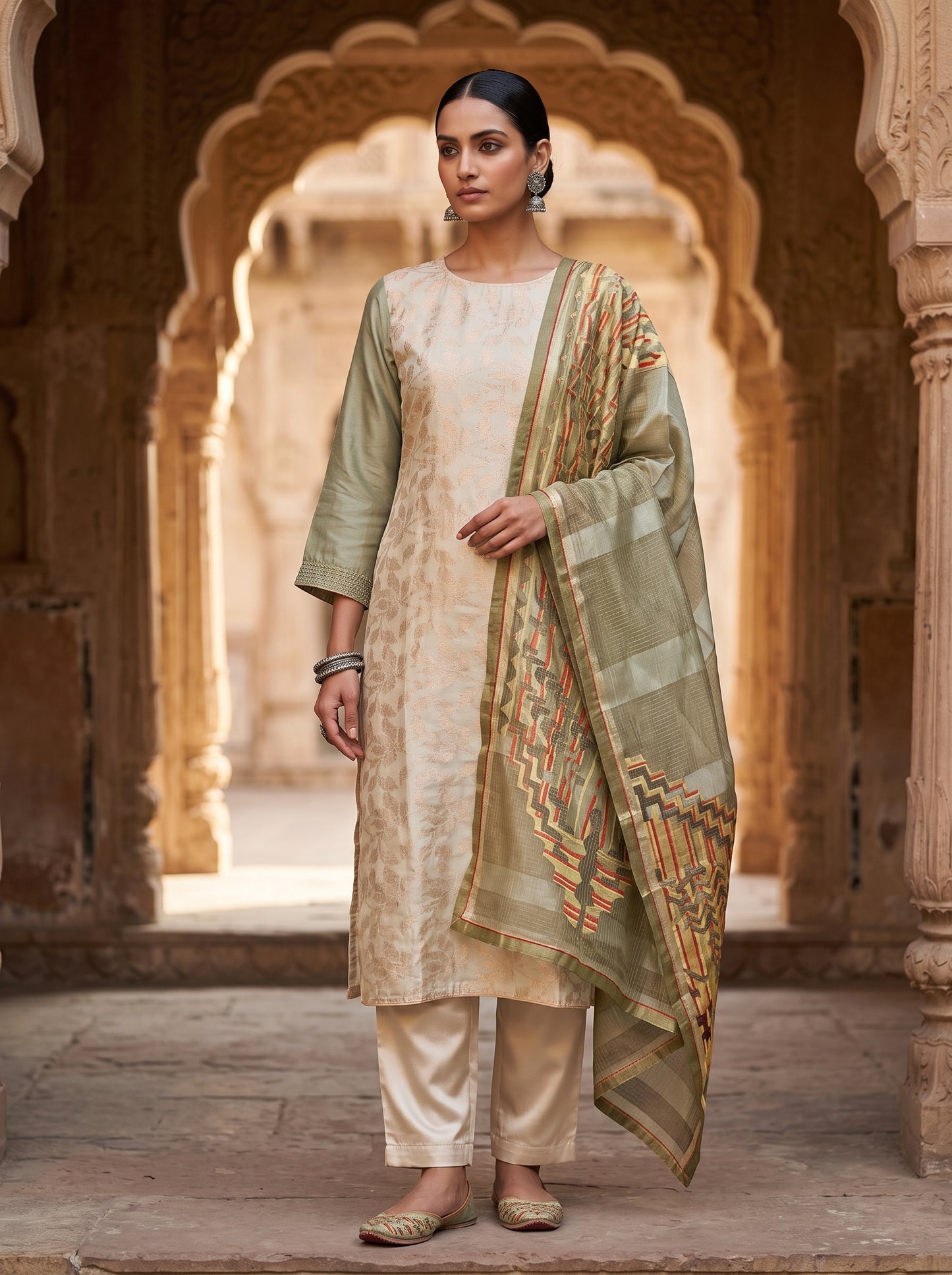 Semi Stitched Chanderi Formal Suitset
