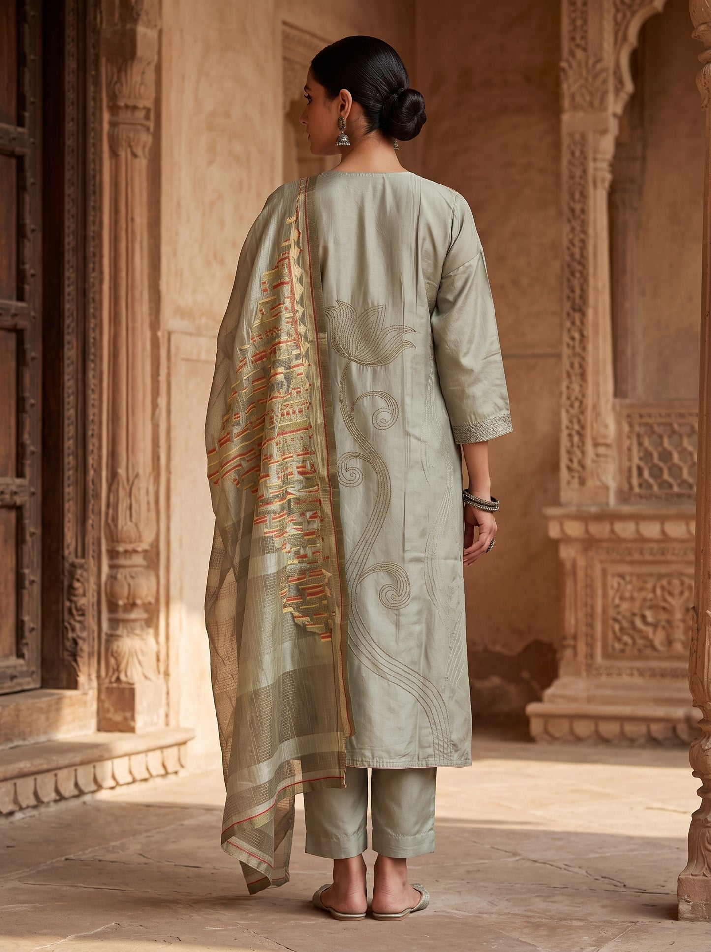 Semi Stitched Chanderi Formal Suitset