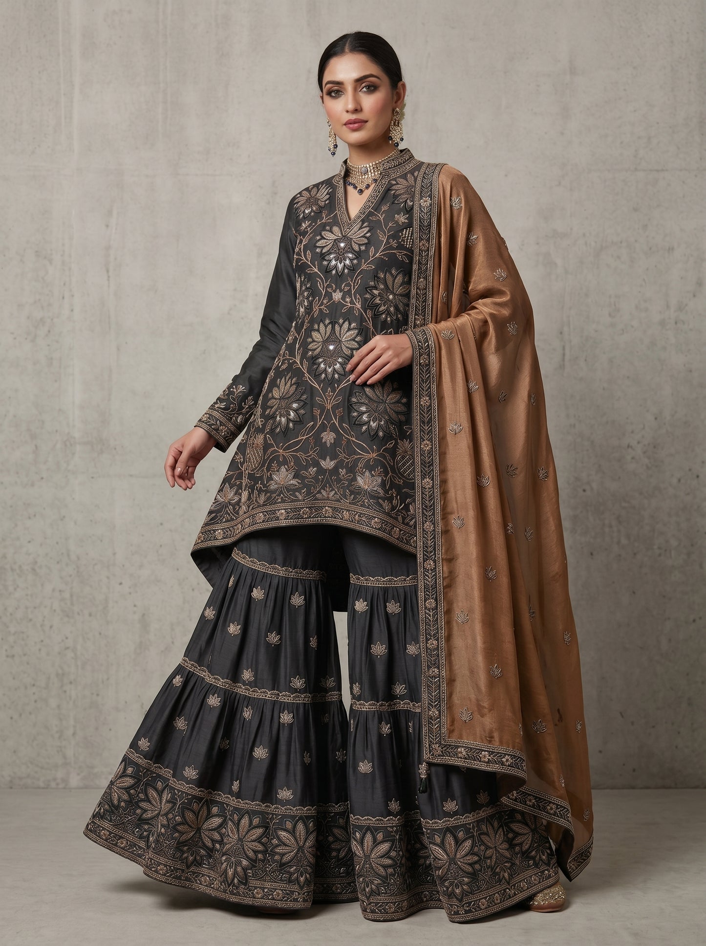 Midnight Blue Hand-Embroidered Pure Silk  | Couture Sharara Set