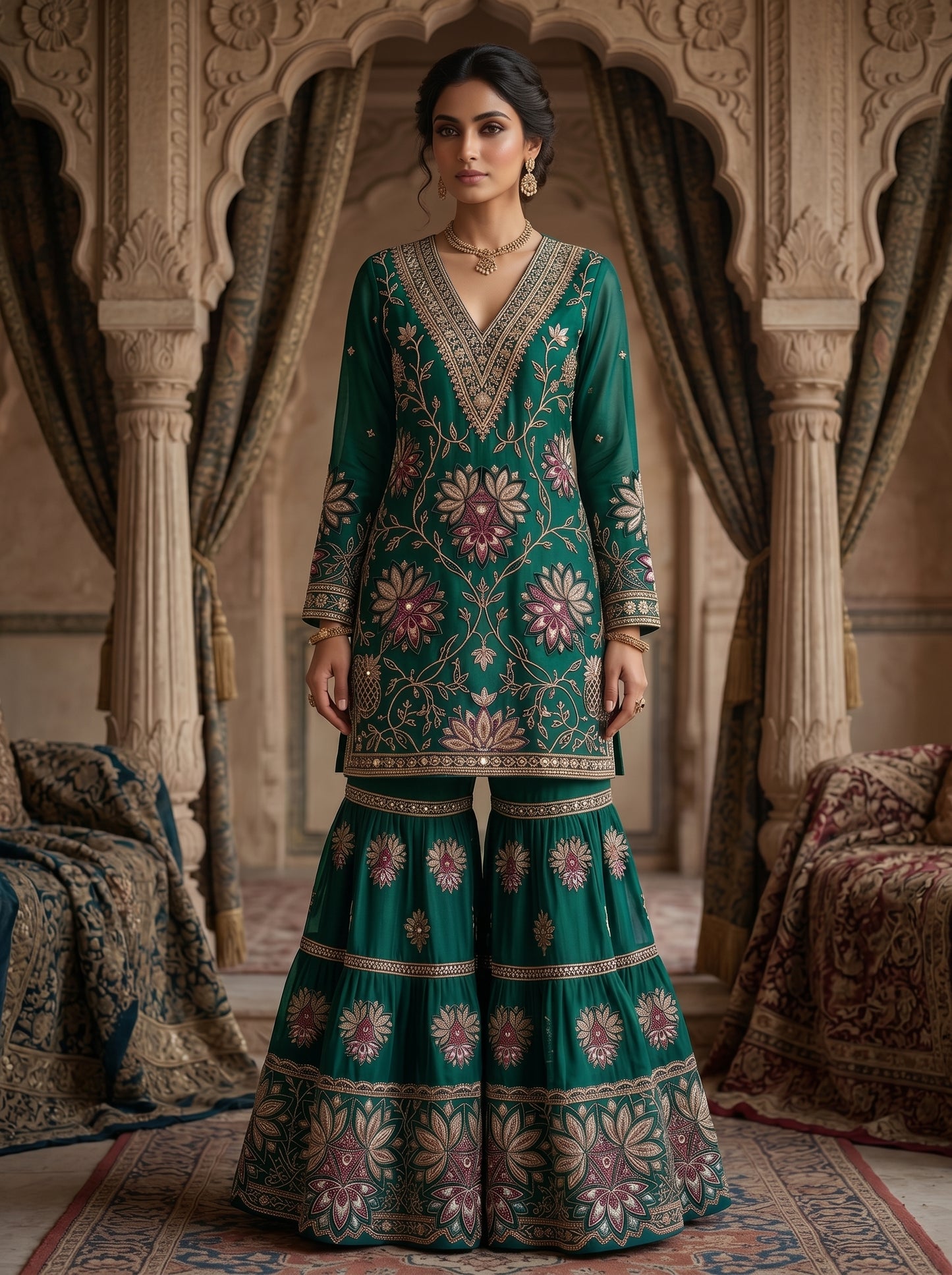 Terracotta Floral Embroidered  | Couture Sharara Set