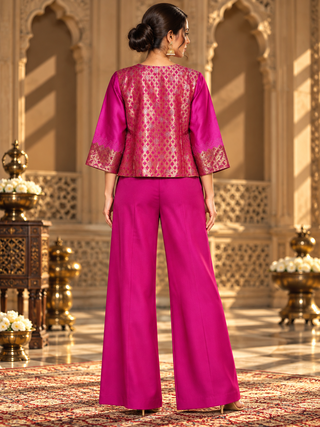 Formal Meher Fuchsia Gold Chanderi Midlength Jacket