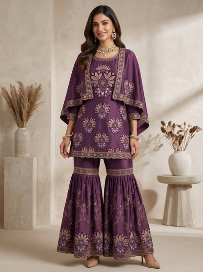 Deep Plum Floral Embroidered Georgette | Couture Sharara Set