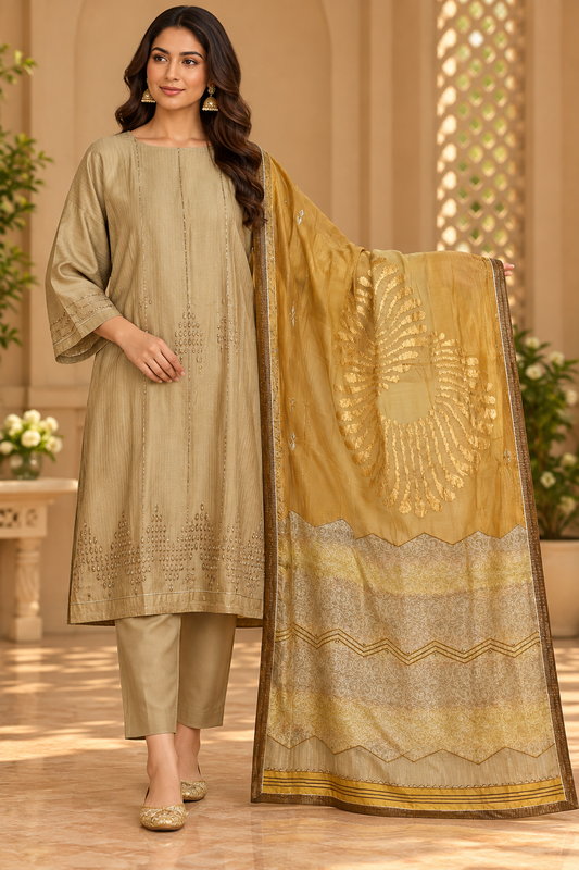 Semi Stitched Chanderi Formal Suitset