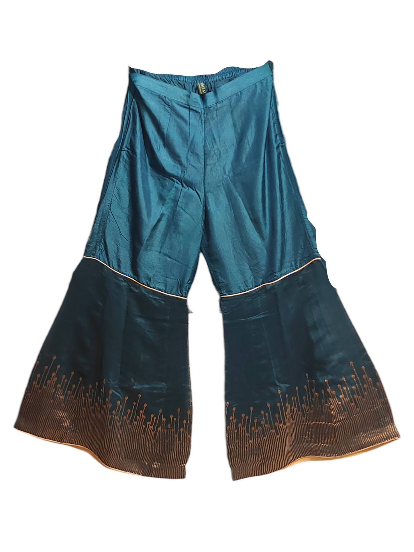 Teal plazzo pant with gold embroidery on a white background