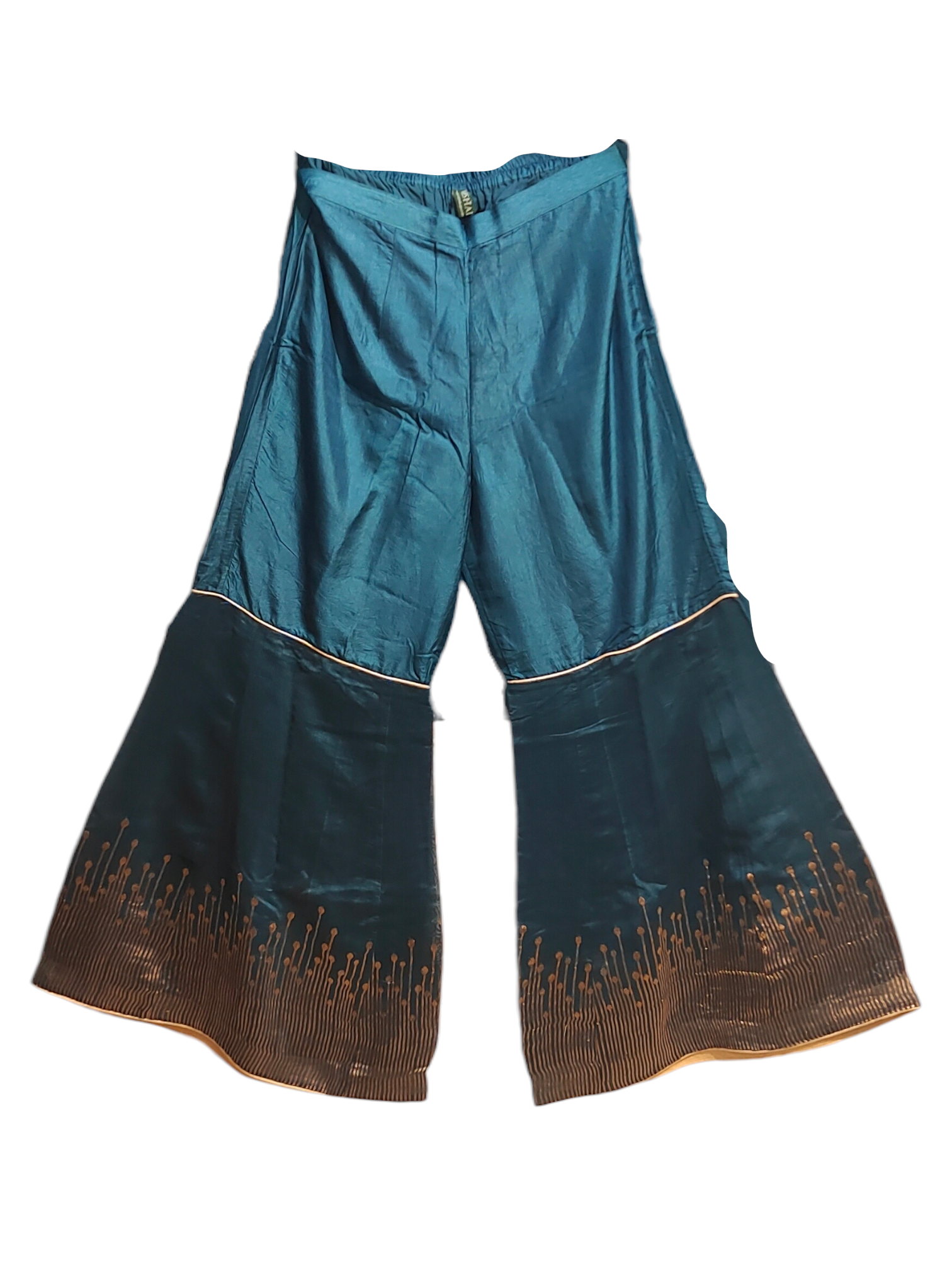 Teal plazzo pant with gold embroidery on a white background
