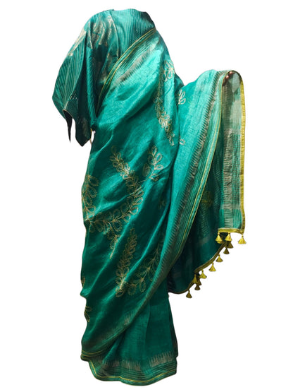 Formal silk linen embroidered Saree