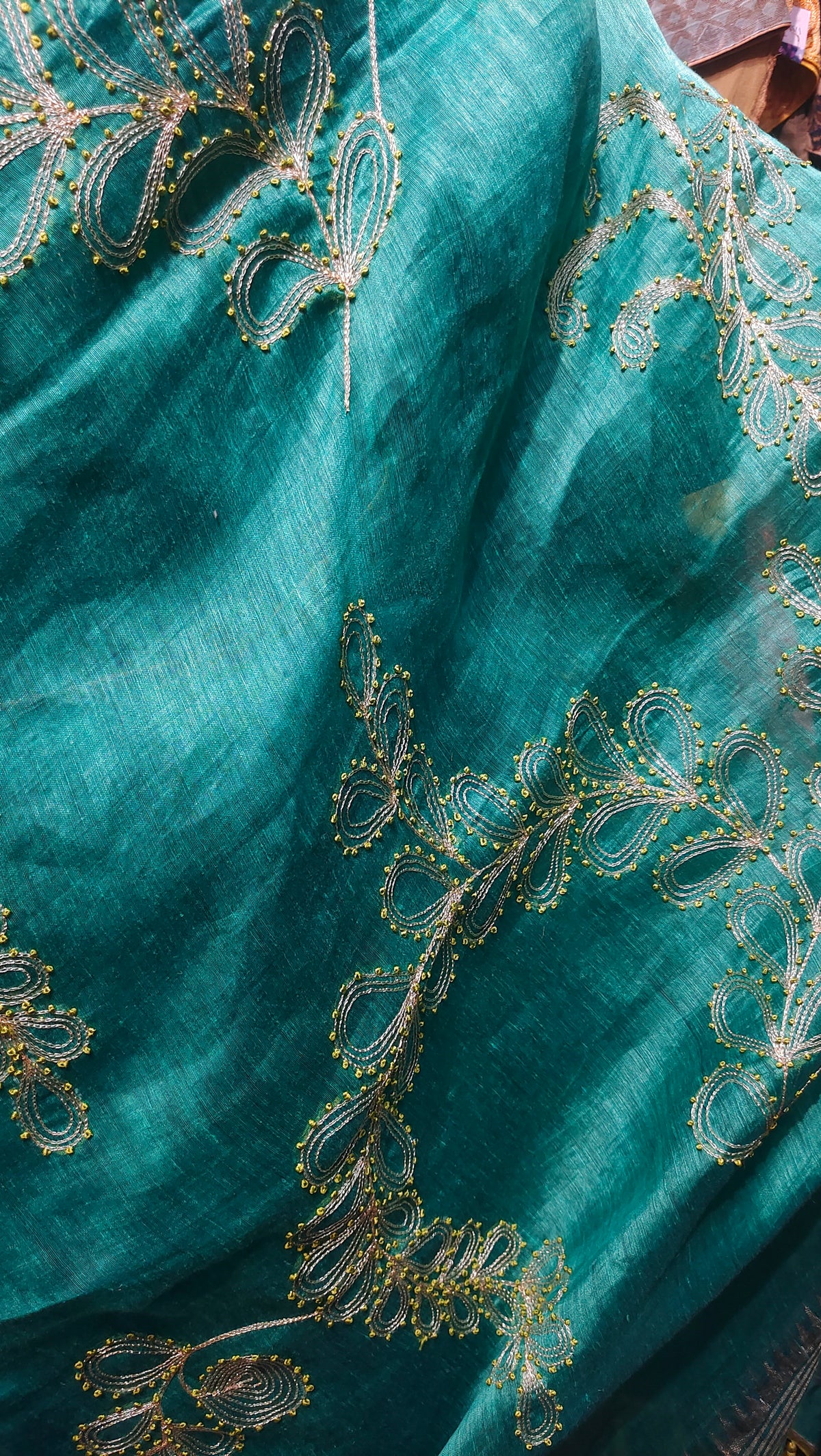 Formal silk linen embroidered Saree