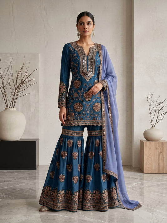Midnight Peacock Embroidered Georgette | Couture Sharara Set