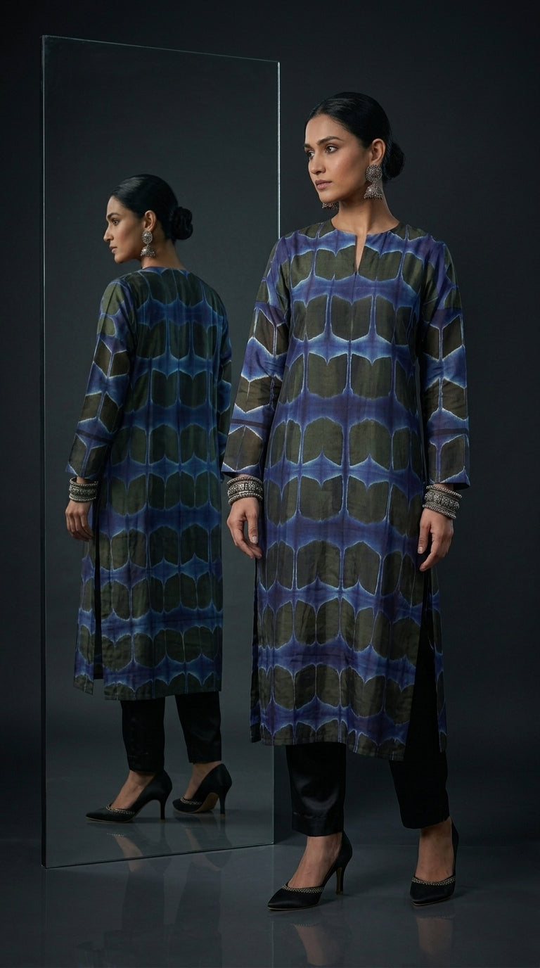 Woman wearing a patterned blue and black kurta standing in front of a mirror on a black background