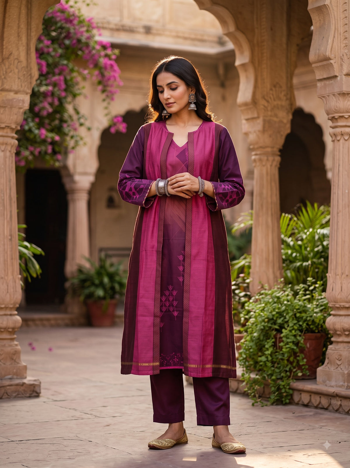 Stitched Chanderi Sleevesless Kurta With Jacket