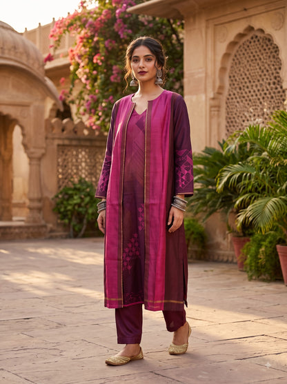 Stitched Chanderi Sleevesless Kurta With Jacket