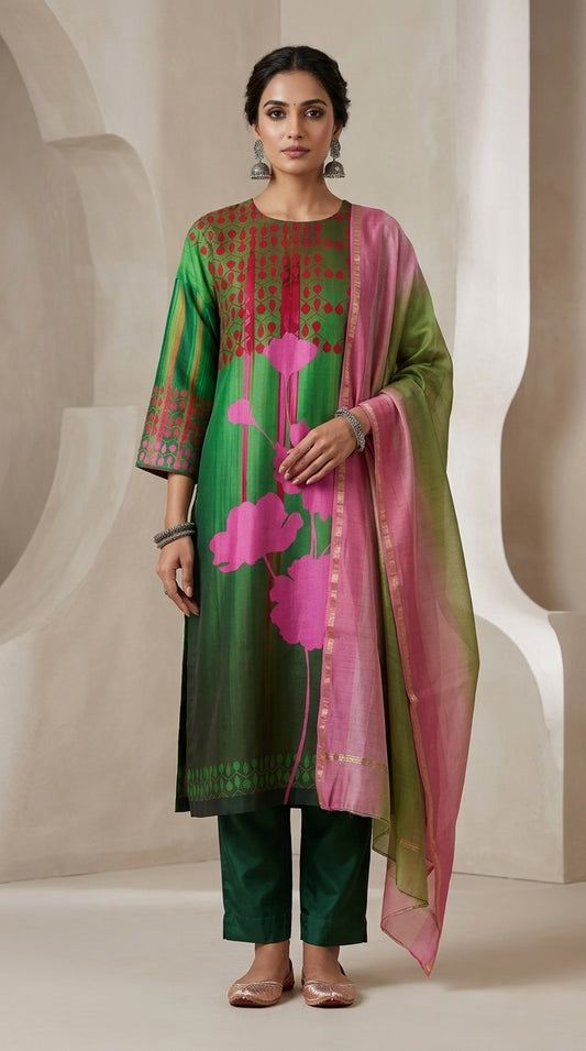 Semi Stitched Chanderi Casual Suitset