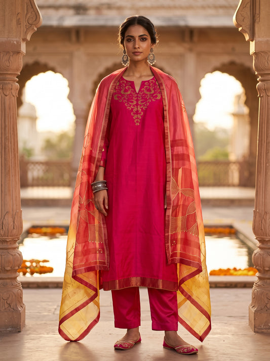 Semi Stitched Chanderi Formal Suitset