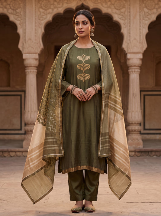 Semi Stitched Chanderi Formal Suitset