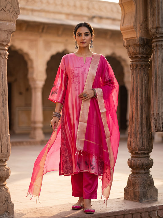 Semi Stitched Chanderi Casual Suitset