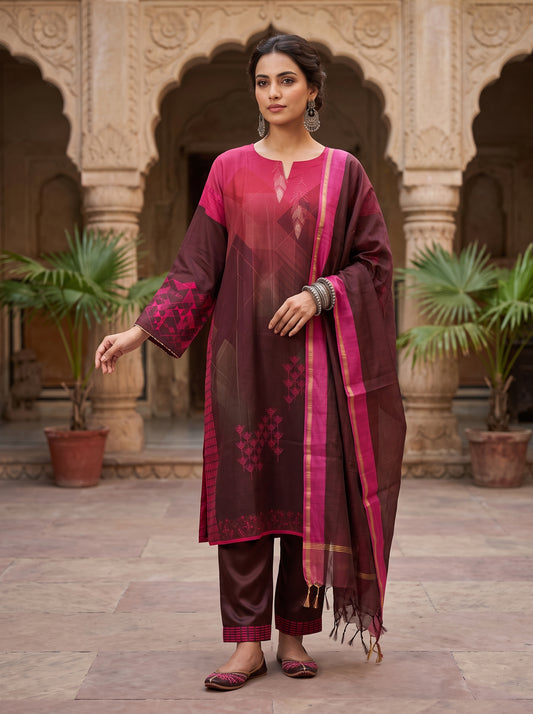 Semi Stitched Chanderi Casual Suitset