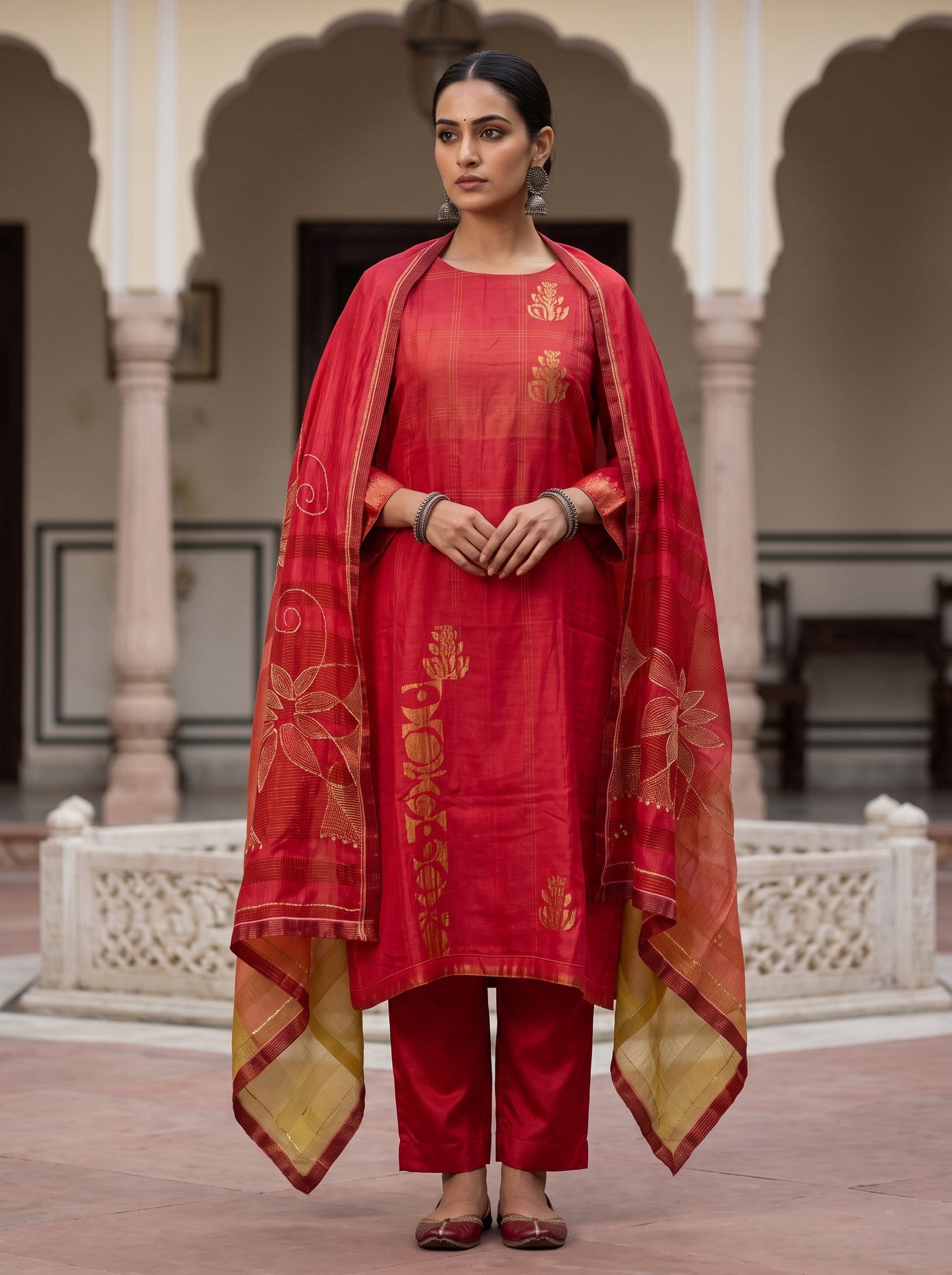 Semi Stitched Chanderi Formal Suitset