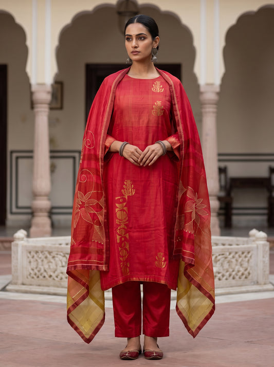 Semi Stitched Chanderi Formal Suitset