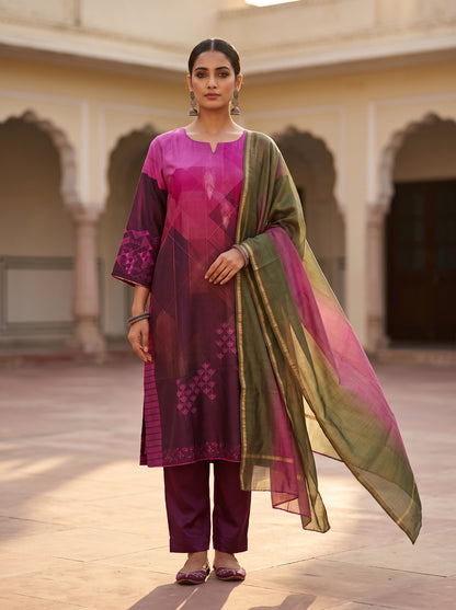 Semi Stitched Chanderi Casual Suitset