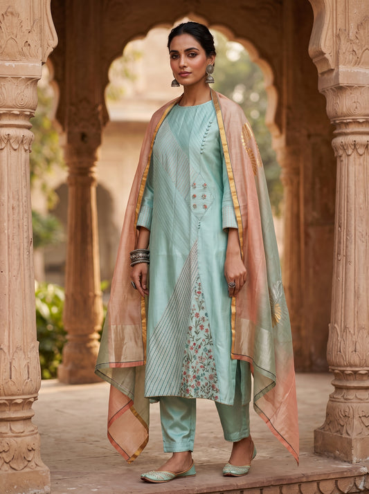 Semi Stitched Chanderi Formal Suitset